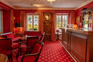 Sitzbereich der roten Bar im Hotel Bad Eptingen mit gepolsterten Sesseln und ruhiger Atmosphaere“